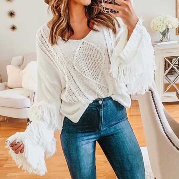 03 Cozy Fringe Sleeve Knit Oversized Sweater Top - Picture 2 of 6